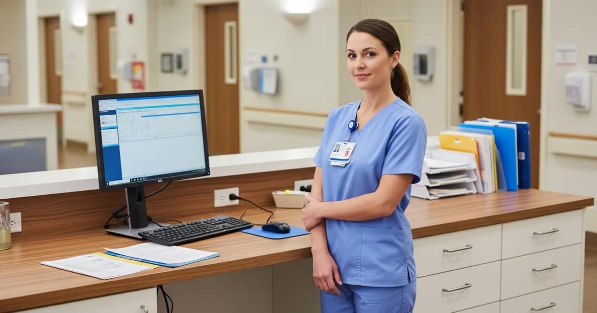 Licensed vocational nurse in navy scrubs reviewing a patient chart in a bright clinic hallway, professional and focused, editorial healthcare photography style