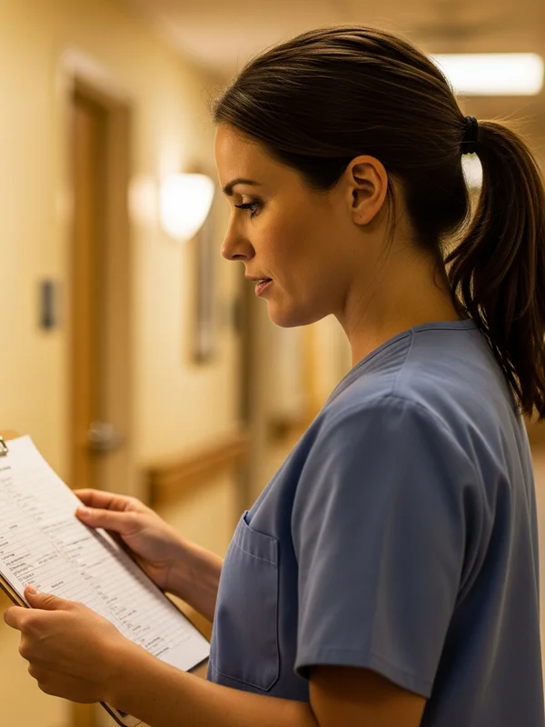 Licensed vocational nurse assisting a patient in a skilled nursing facility room, warm overhead lighting, professional clinical care setting, no text, no logos