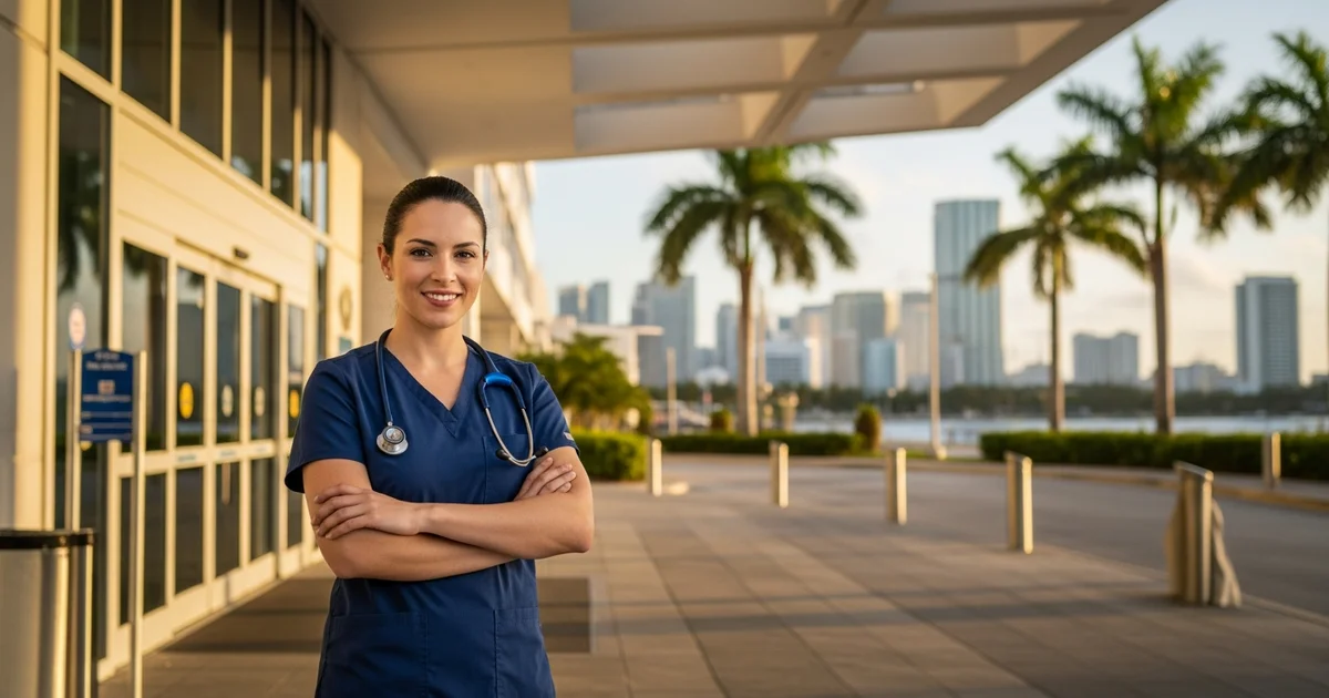 Registered nurse in navy blue scrubs standing confidently outside a modern Miami hospital entrance with the South Florida skyline softly blurred in the background