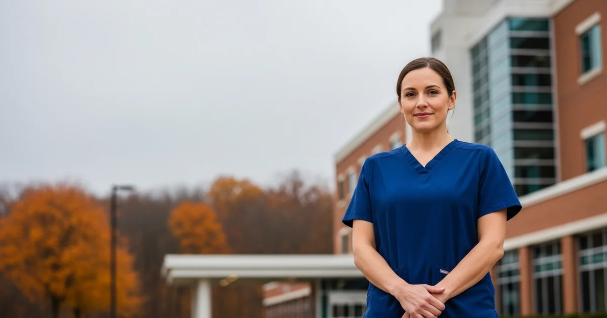 Registered nurse in navy scrubs standing outside a Michigan hospital, confident professional posture, overcast Great Lakes sky in background, editorial healthcare photography, no text, no logos