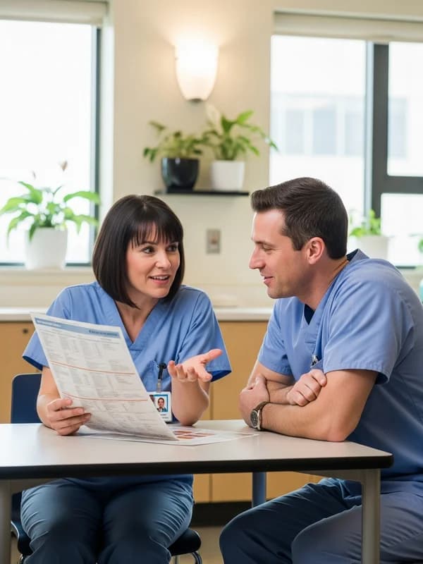 Two Michigan hospital nurses reviewing patient charts together in a hospital break room, collegial and relaxed, no text, no logos, editorial healthcare photography