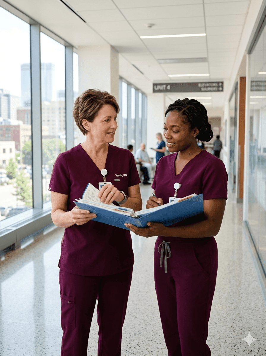 Registered nurse in navy blue scrubs outside a Minneapolis Minnesota hospital, professional and confident in a healthcare setting