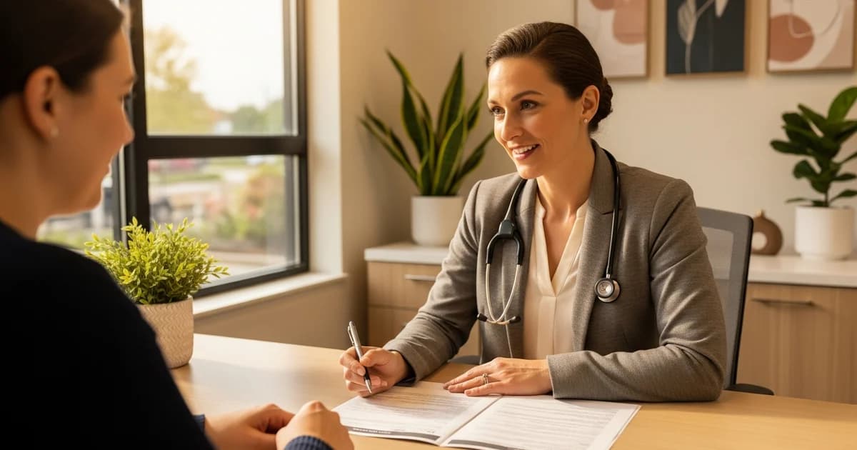 Advanced practice nurse in professional attire consulting with a patient in a modern outpatient clinic office, representing the MSN-level nursing career path