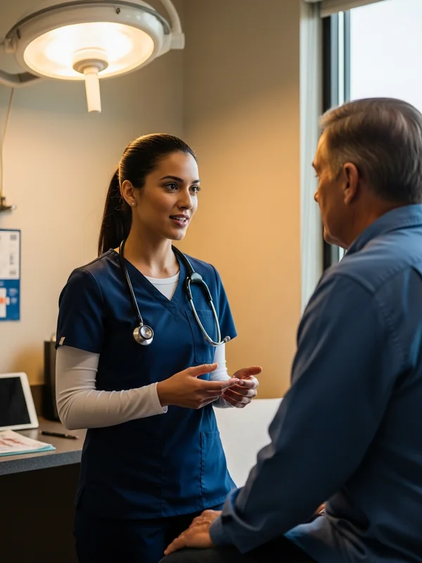 Nurse practitioner in scrubs with a stethoscope consulting with a patient in a modern outpatient exam room, warm clinical lighting