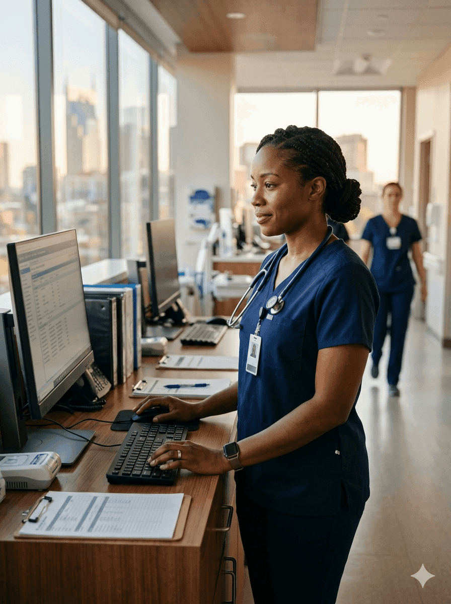 Registered nurse in scrubs at the entrance of a Nashville Tennessee hospital, confident posture and warm professional lighting