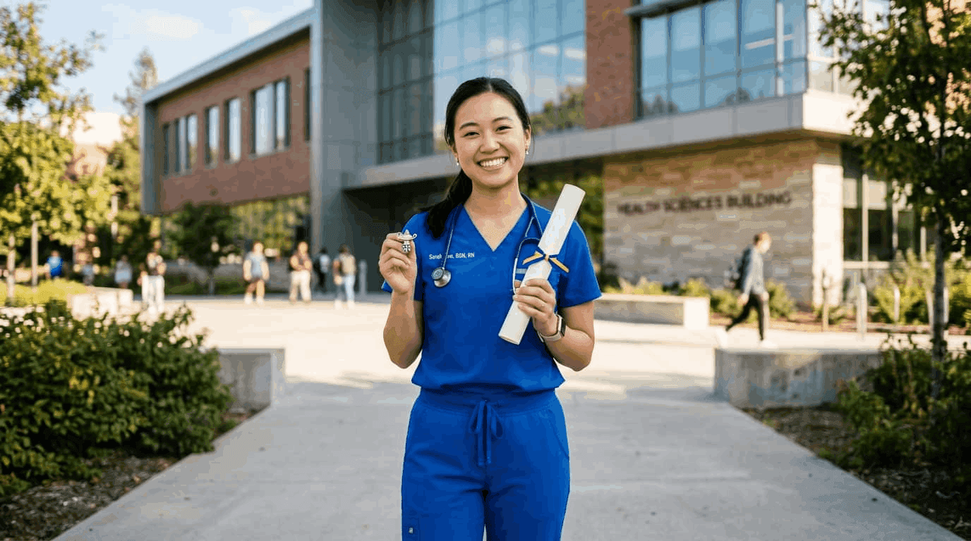 New graduate registered nurse in white coat holding diploma outside nursing school building