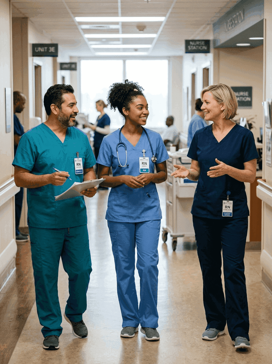 New graduate nurse being welcomed by experienced nursing team at hospital orientation