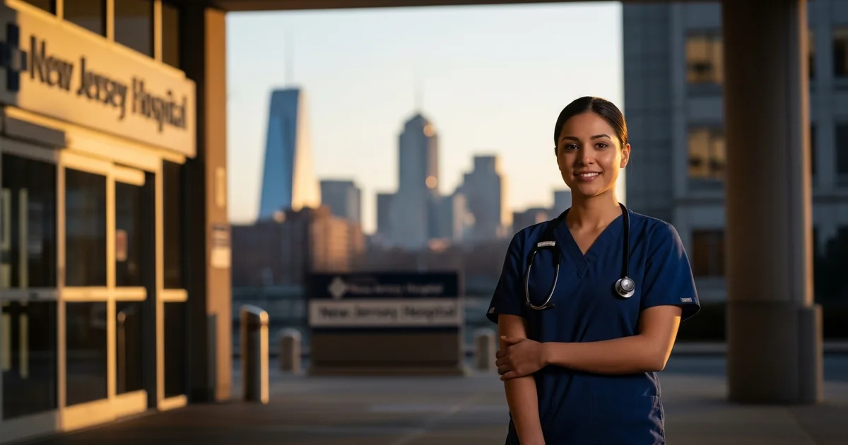 Registered nurse in navy scrubs standing outside a New Jersey hospital entrance, professional posture, urban skyline visible in background, golden hour light, editorial healthcare photography