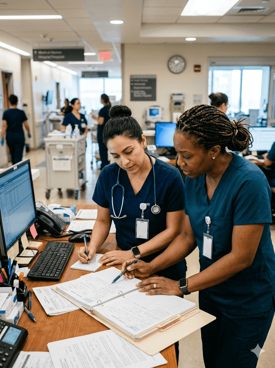Two nurses in scrubs reviewing a patient monitor in a softly lit NYC hospital ICU room, professional and focused, clinical setting