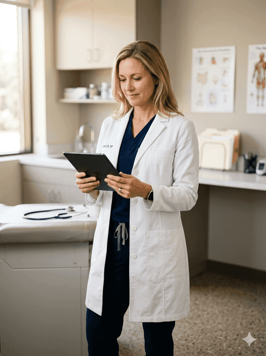 Nurse practitioner in white coat conducting a thorough patient examination in a clean modern exam room, attentive clinical care