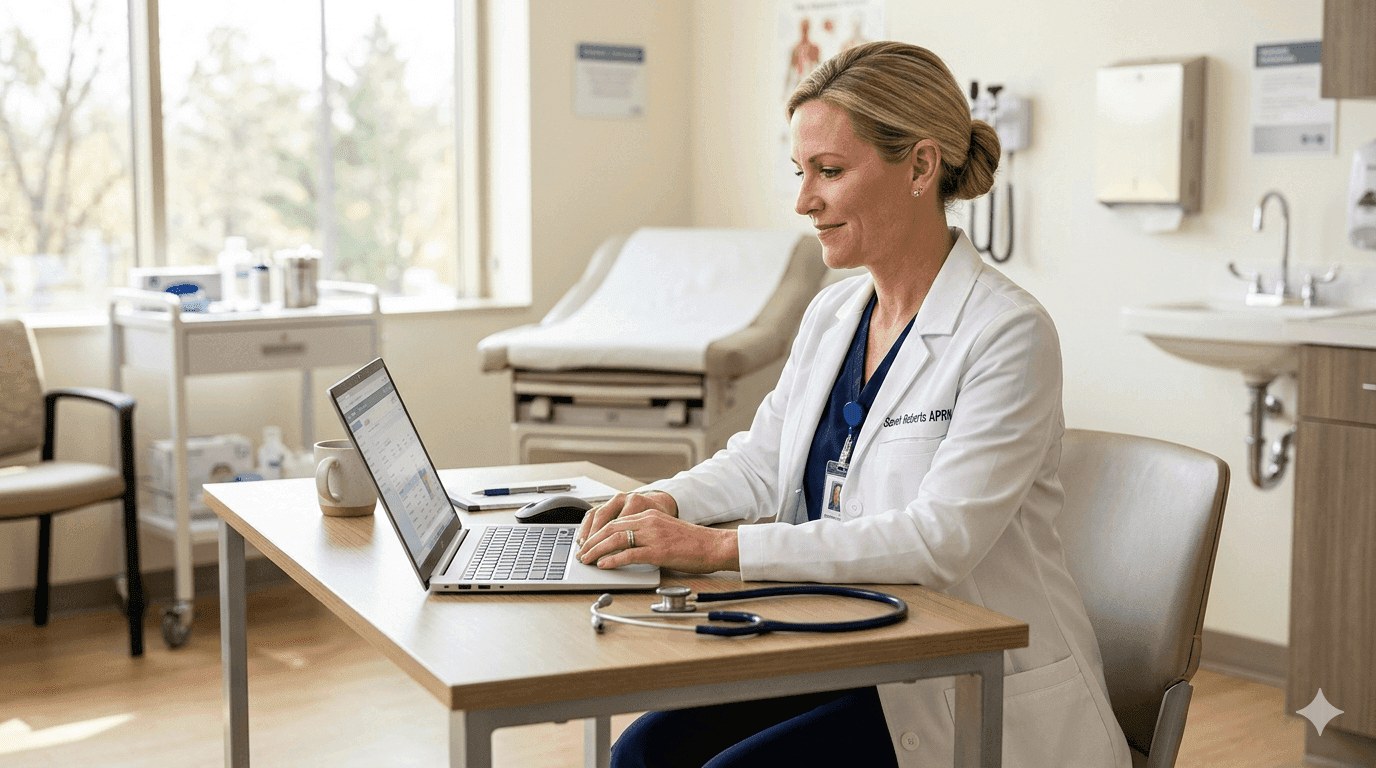 Nurse practitioner consulting with a patient in an outpatient clinic
