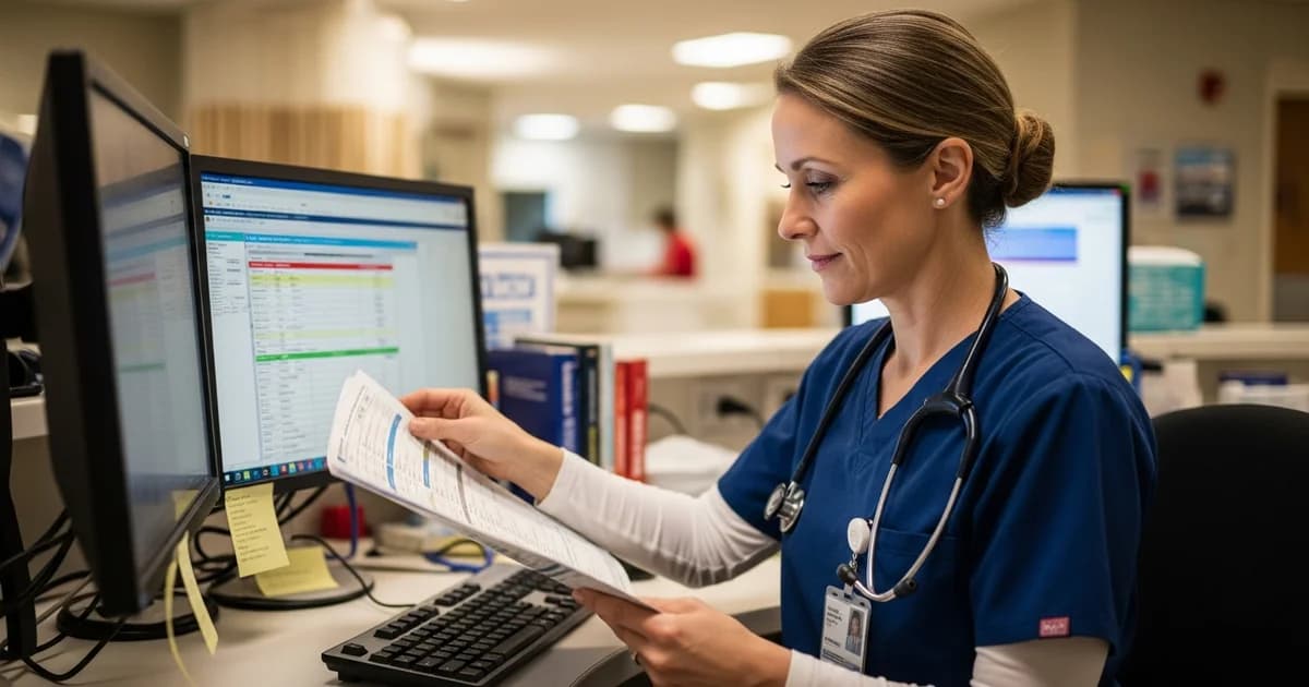 Experienced registered nurse in navy scrubs reviewing patient records at a hospital workstation, calm professional setting with warm overhead lighting