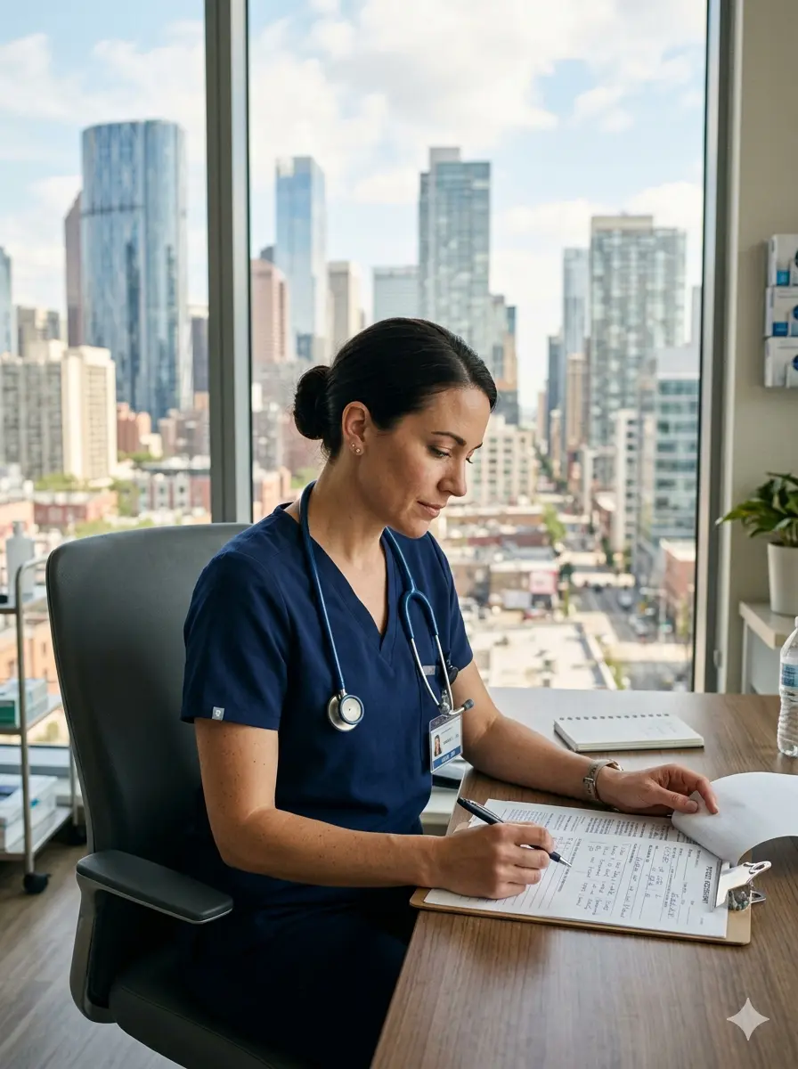 Two nurses in scrubs reviewing financial documents together at a nursing station in a bright modern hospital