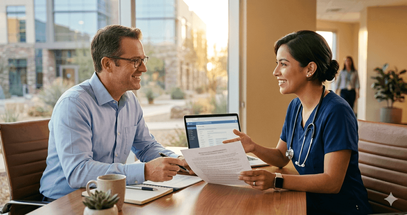 Nurse in scrubs reviewing a job offer at a desk with a hospital recruiter in a professional office setting