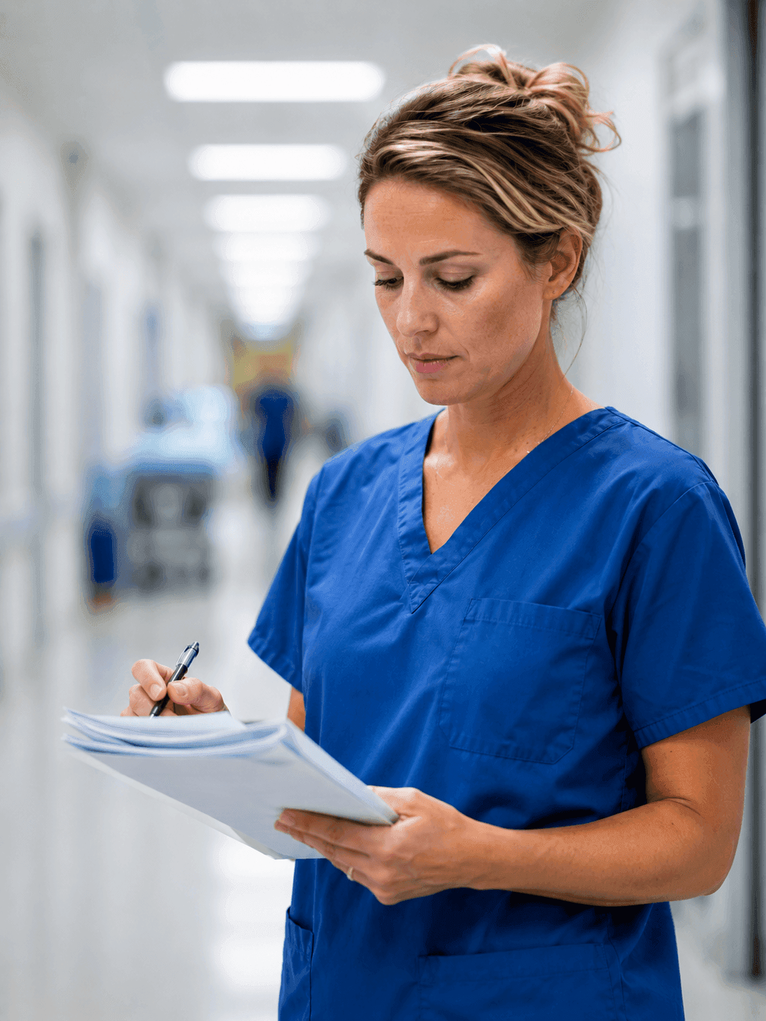 Registered nurse reviewing compensation documents with a hospital HR recruiter in a professional office, collaborative conversation about nursing salary offer