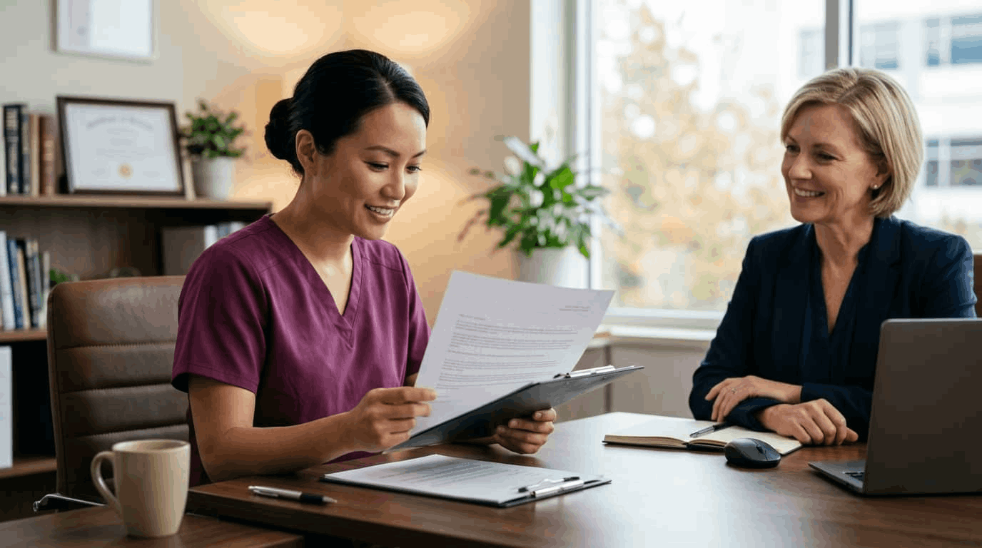 Nurse reviewing job offer sign-on bonus amount with hospital recruiter in 2026