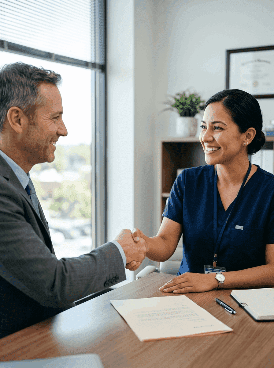 Nurse in professional attire across a desk from a hospital HR recruiter during a salary negotiation discussion
