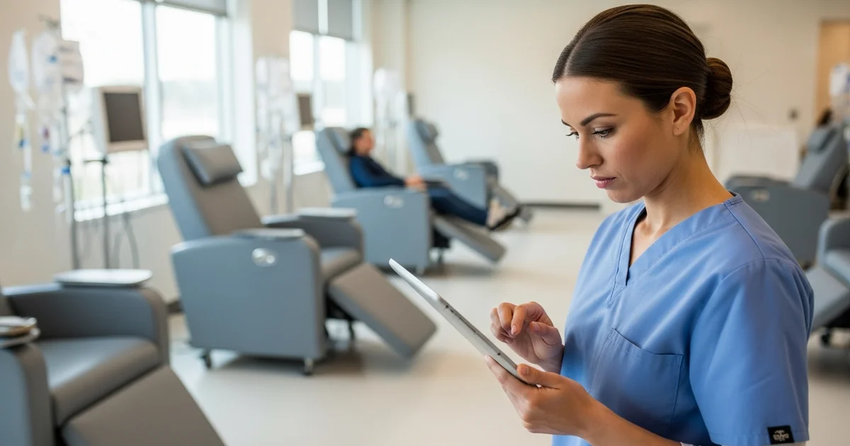 Oncology nurse in scrubs reviewing a patient chart in a modern cancer center infusion unit — professional clinical setting with natural light