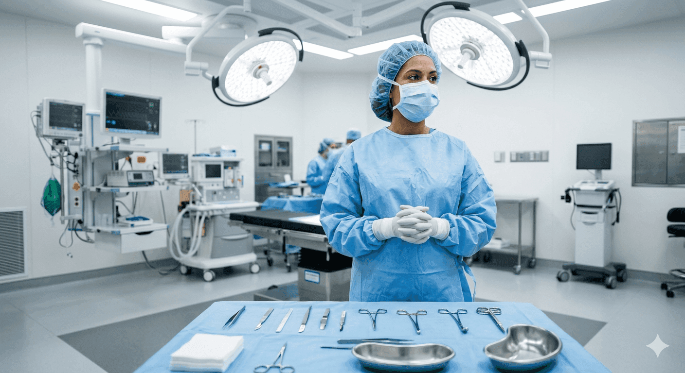 Operating room nurse in surgical scrubs and cap preparing a sterile instrument tray in a modern hospital operating room