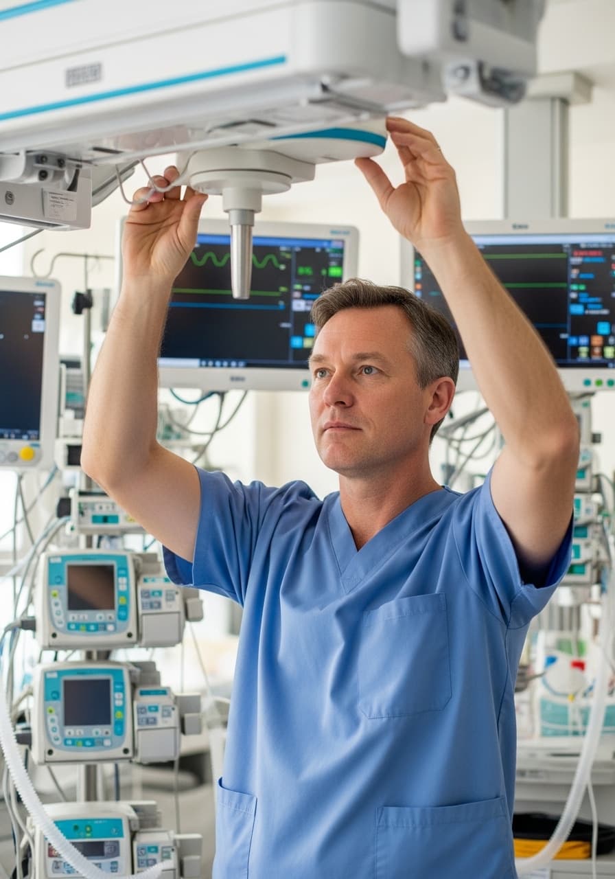 PICU nurse adjusting equipment in pediatric intensive care unit, illustrating high-acuity specialty pay
