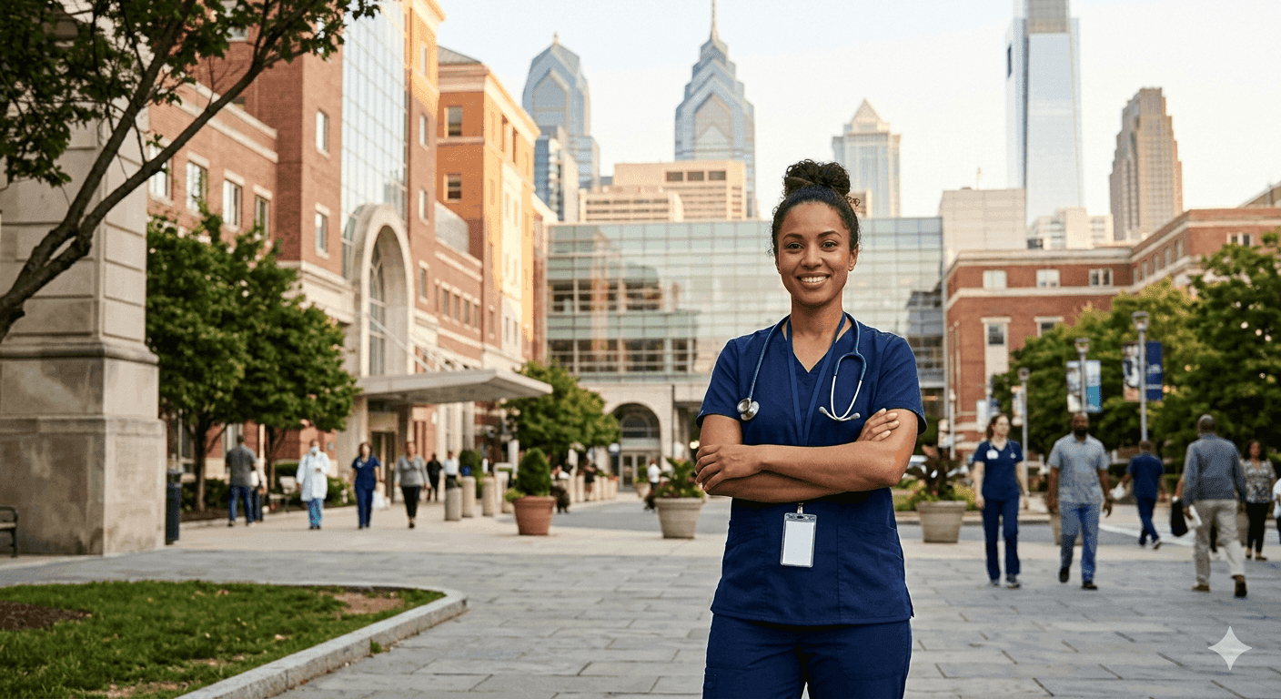 Registered nurse in navy scrubs standing outside a Philadelphia hospital entrance with city skyline visible in the background