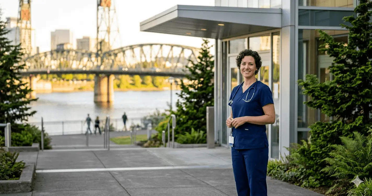 Registered nurse in navy scrubs standing outside a modern Portland Oregon hospital with the Willamette River in the background