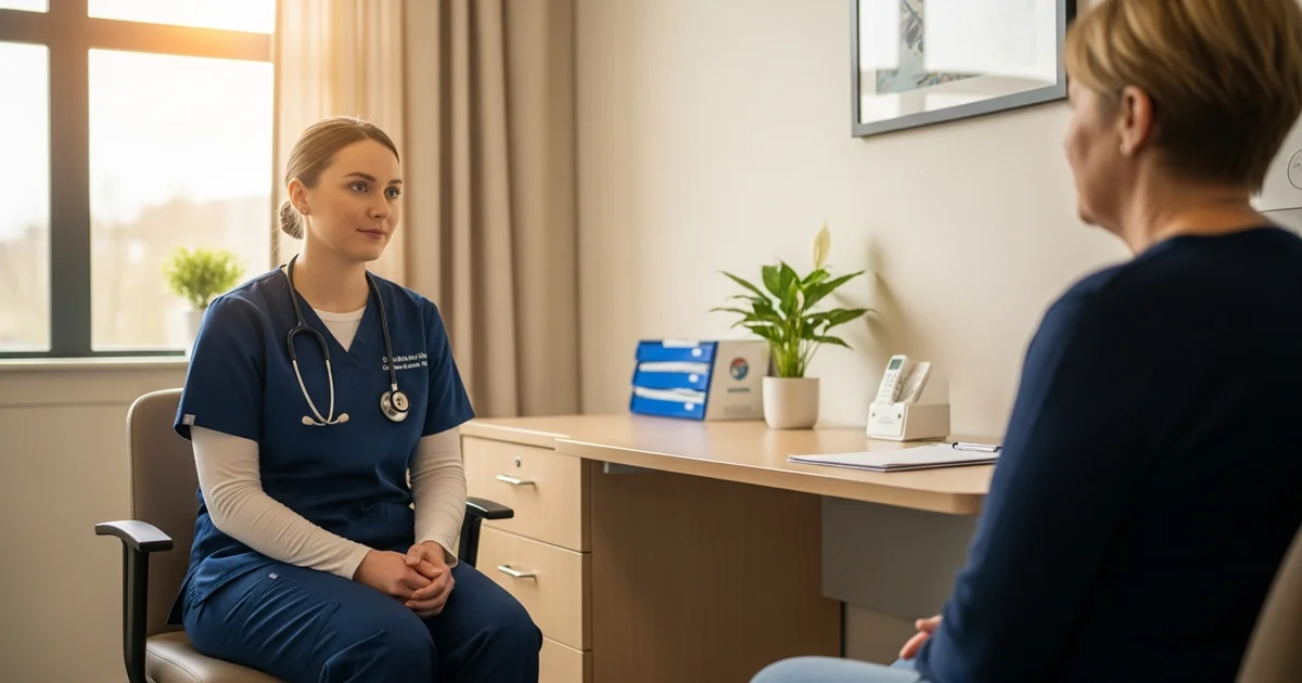 Psychiatric nurse in navy scrubs sitting with a patient in a calm, well-lit mental health unit — professional and attentive clinical setting