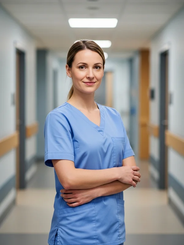 Psychiatric nurse in scrubs consulting with a colleague in a bright, modern mental health unit corridor — professional clinical environment