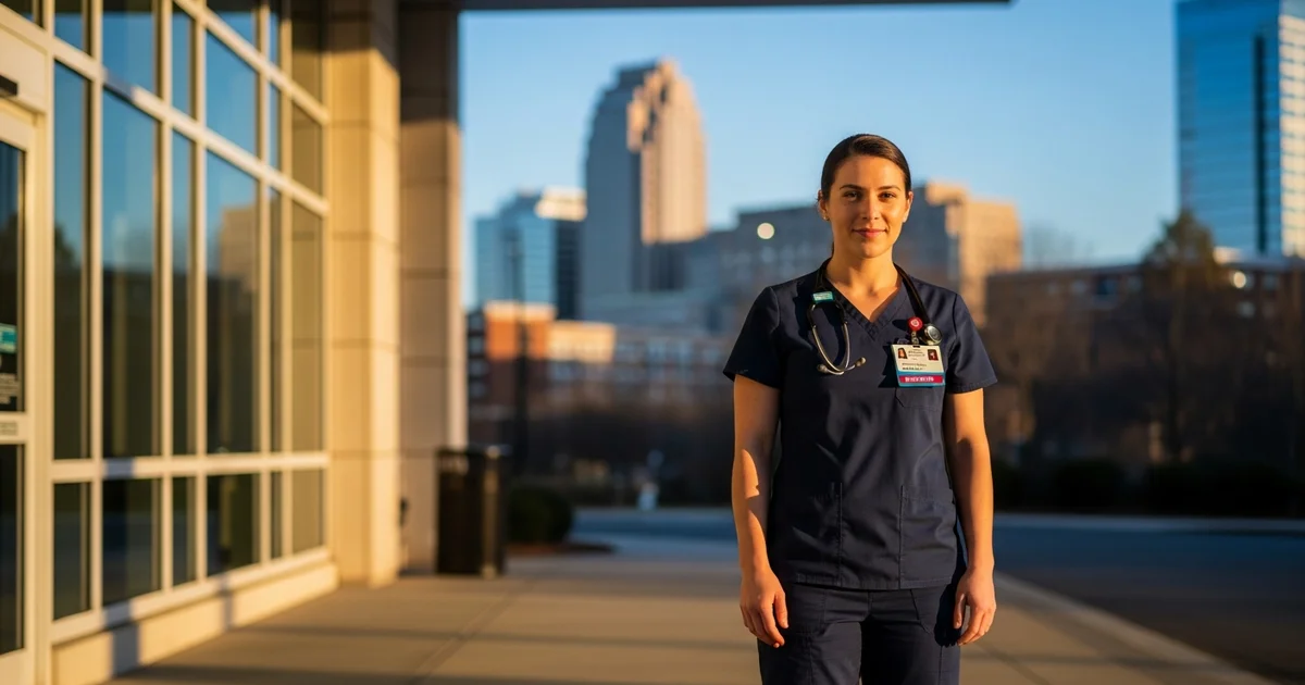 Registered nurse in navy scrubs standing outside a modern Research Triangle hospital in Raleigh North Carolina with warm natural light