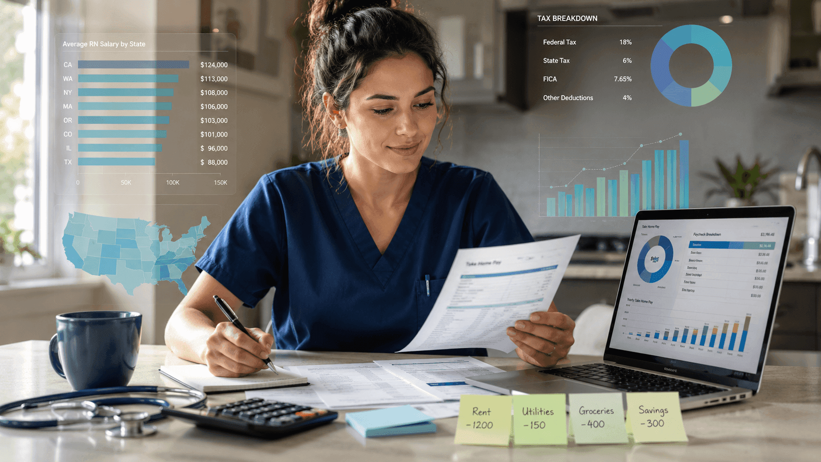 Nurse in scrubs reviewing take-home pay calculations at a desk with salary charts, tax breakdown, and paycheck data displayed around her