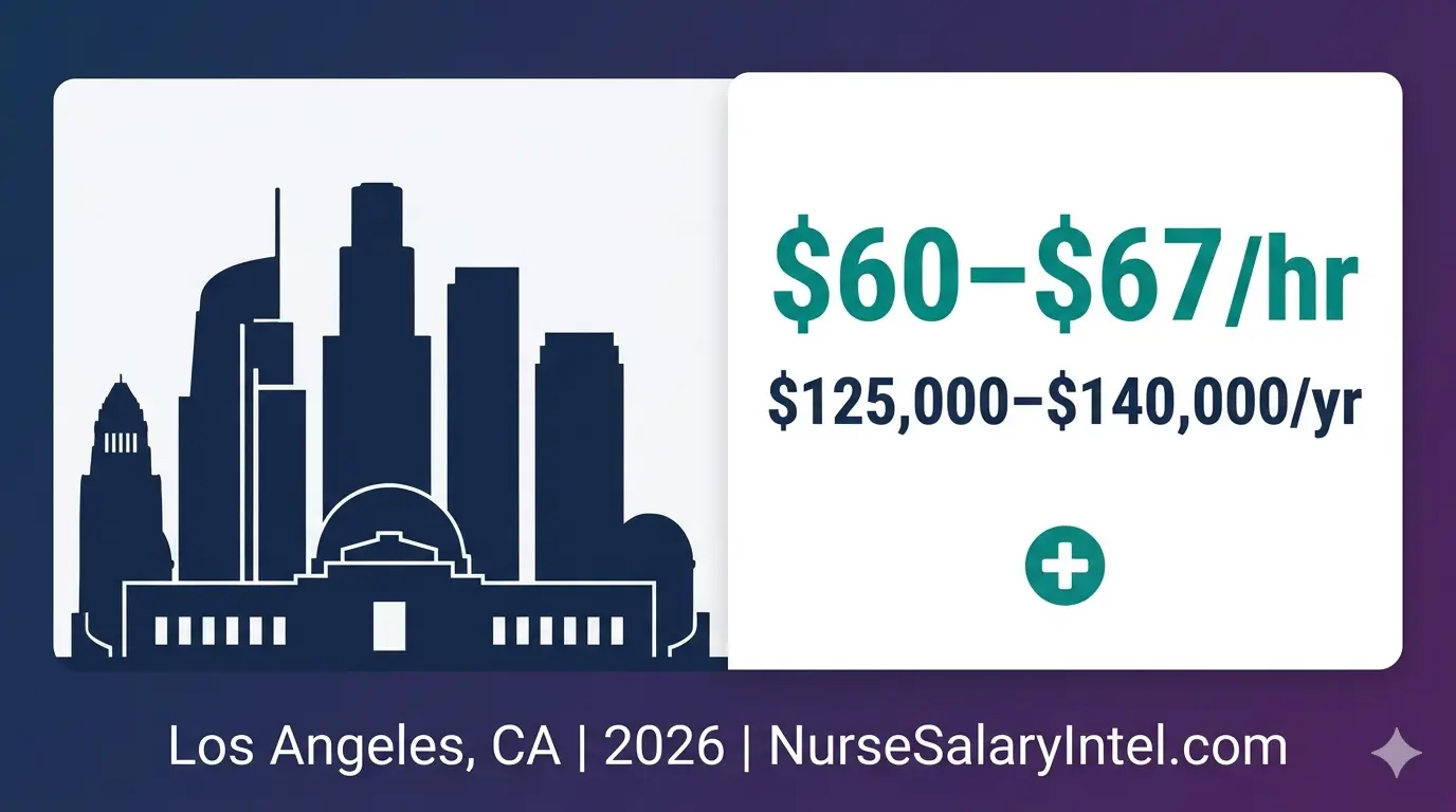 Los Angeles RN salary 2026 showing downtown LA skyline and nurse pay data