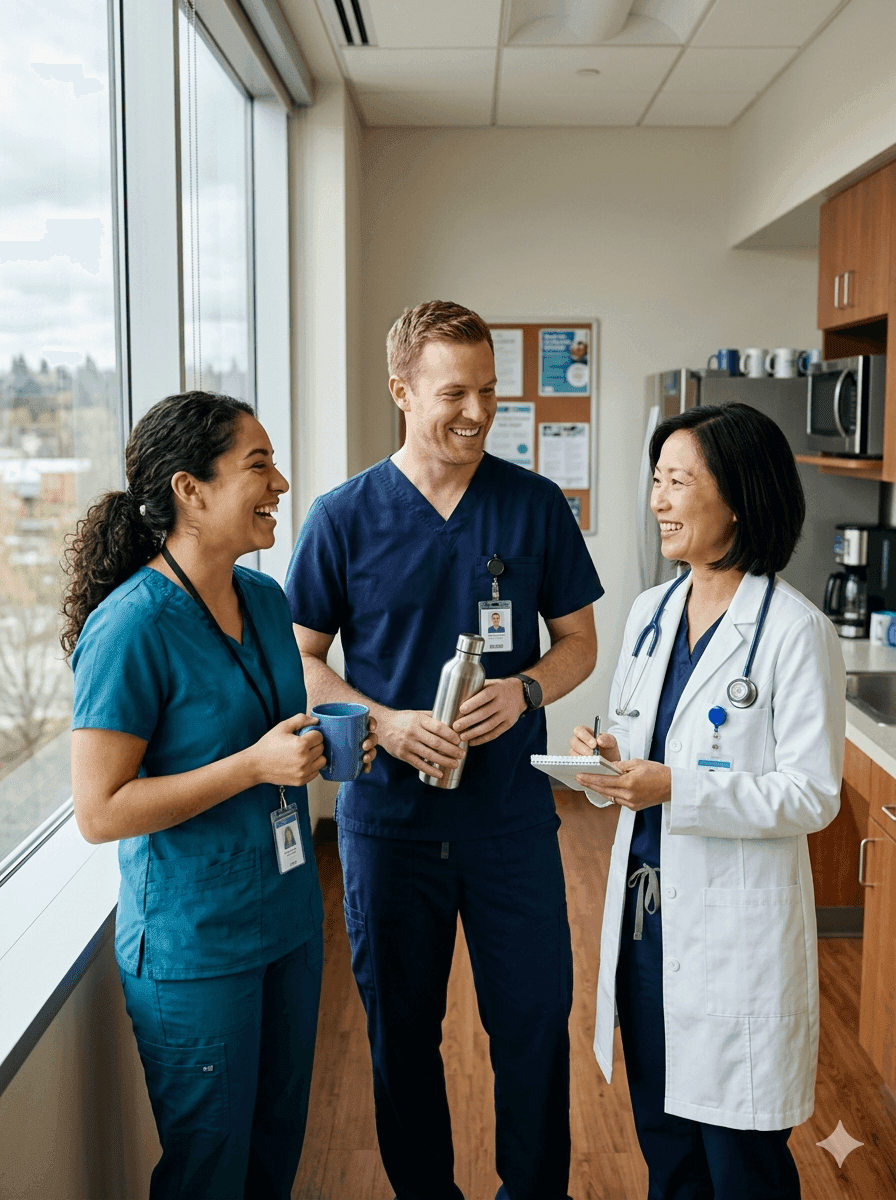 Diverse team of nurses in scrubs collaborating at a modern hospital nursing station, professional healthcare teamwork