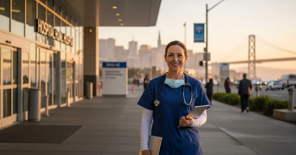 Registered nurse in navy scrubs standing outside a modern San Francisco hospital entrance with the Bay Area cityscape softly visible in the background