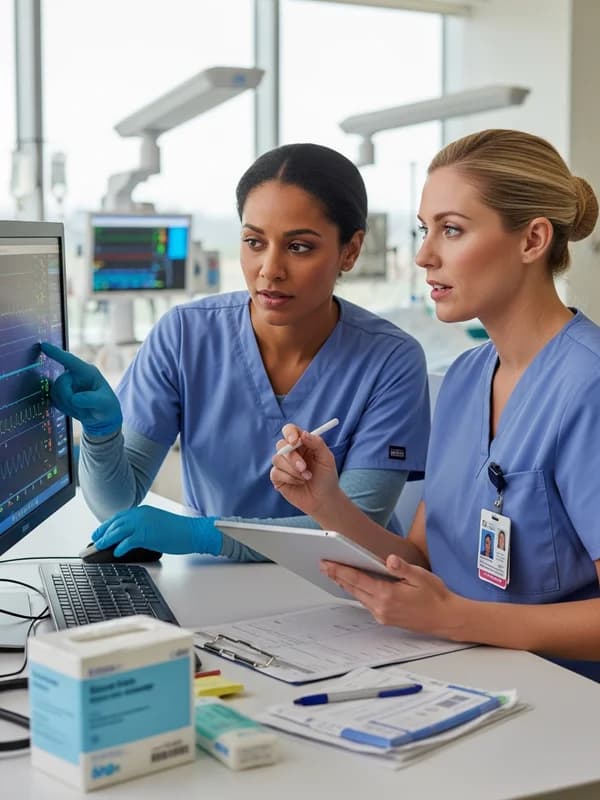 Two nurses in scrubs collaborating at a workstation in a bright modern San Francisco hospital ICU, reviewing patient charts together