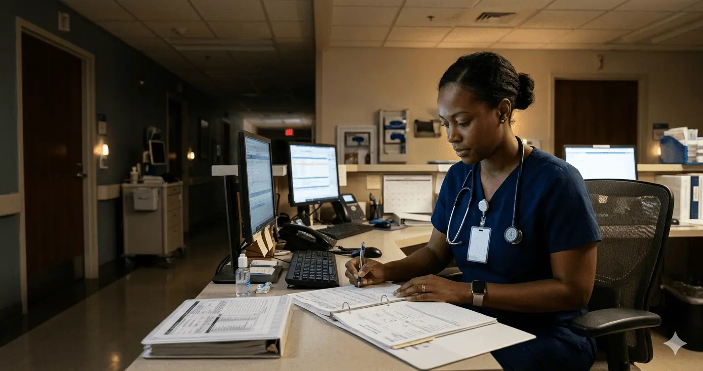 Registered nurse working a night shift at a hospital nursing station with dimmed lighting