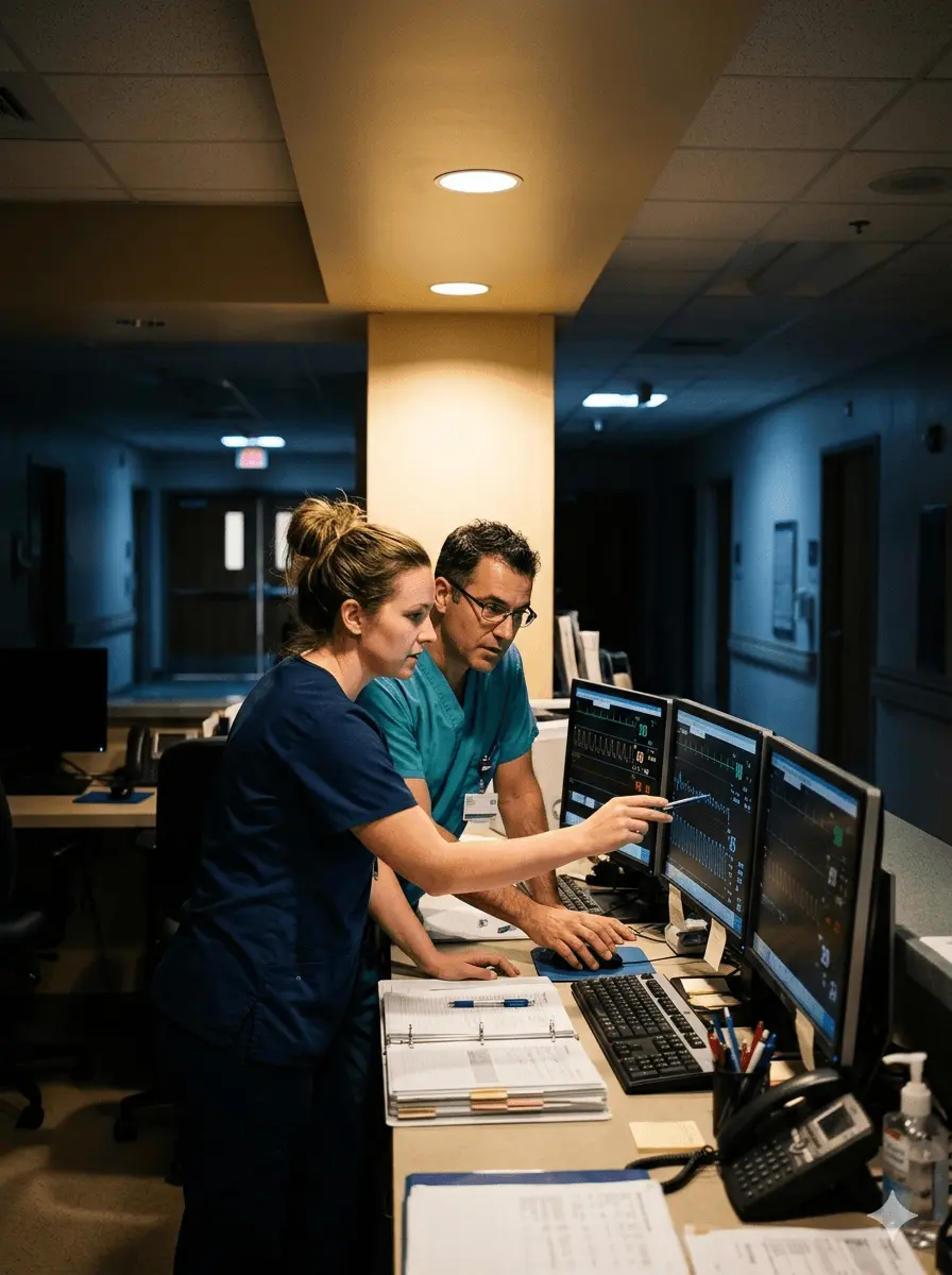 Night shift nurses in scrubs collaborating at a dimly lit hospital nursing station reviewing patient monitors