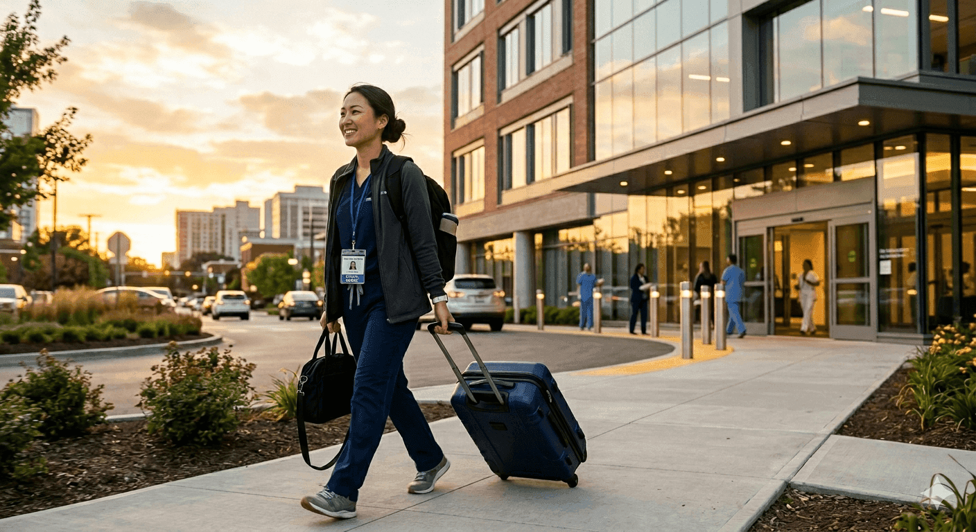 Travel nurse with a rolling suitcase arriving at a hospital entrance in a new city, wearing scrubs and badge