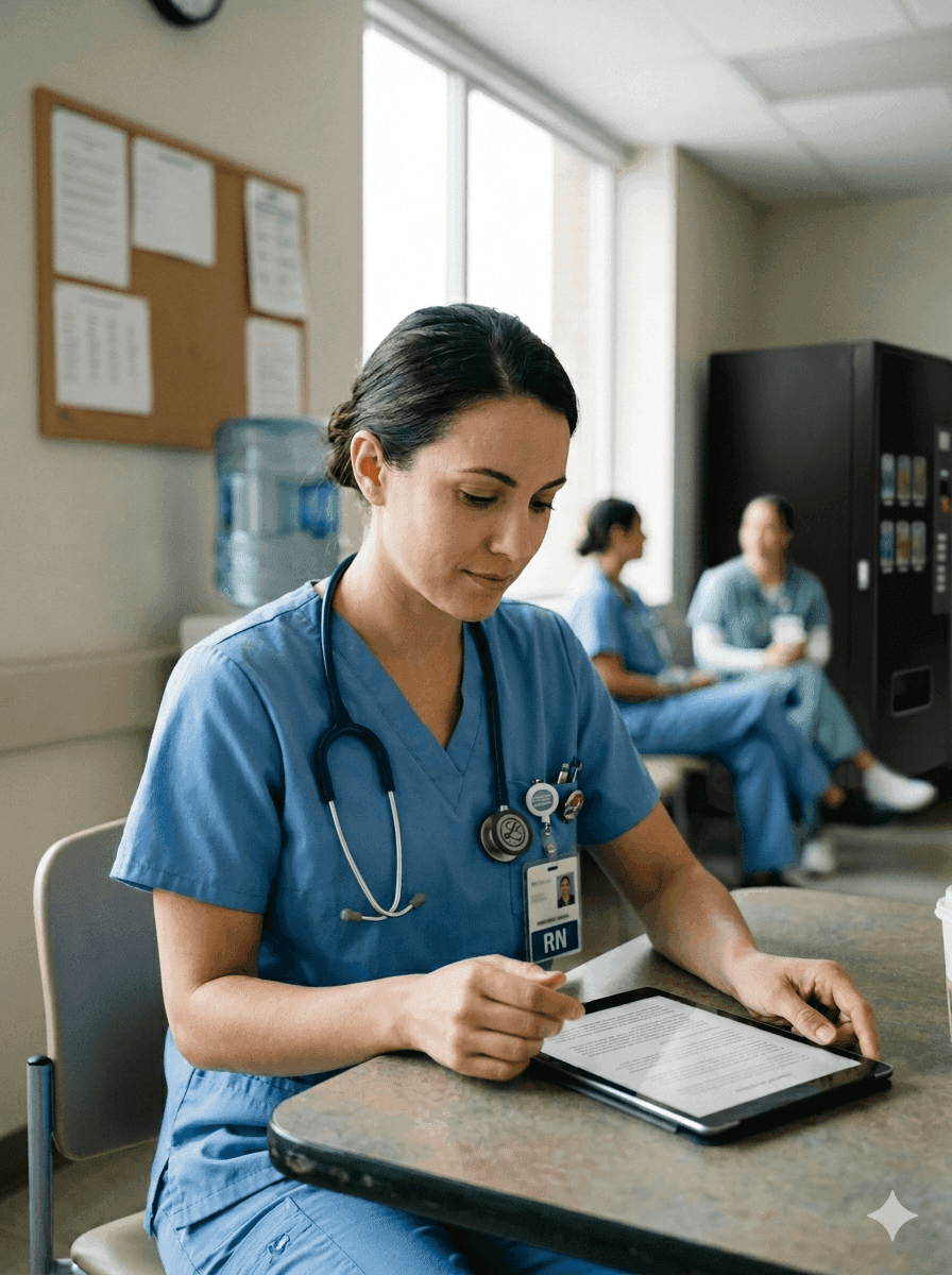 Travel nurse reviewing a contract on a tablet in a hospital break room, professional setting with nursing badge visible and natural light