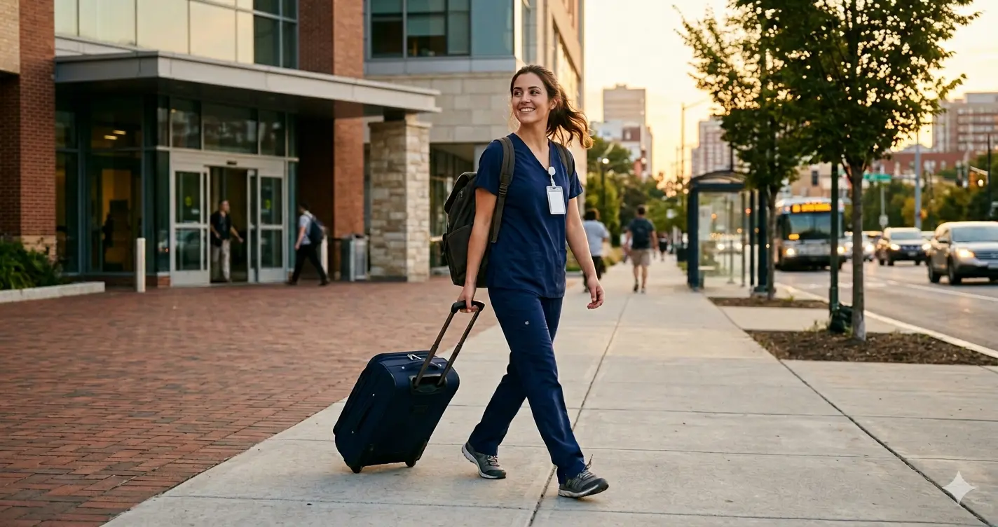 Travel nurse with rolling suitcase standing outside a modern hospital entrance, reviewing her phone with a confident expression, golden hour light