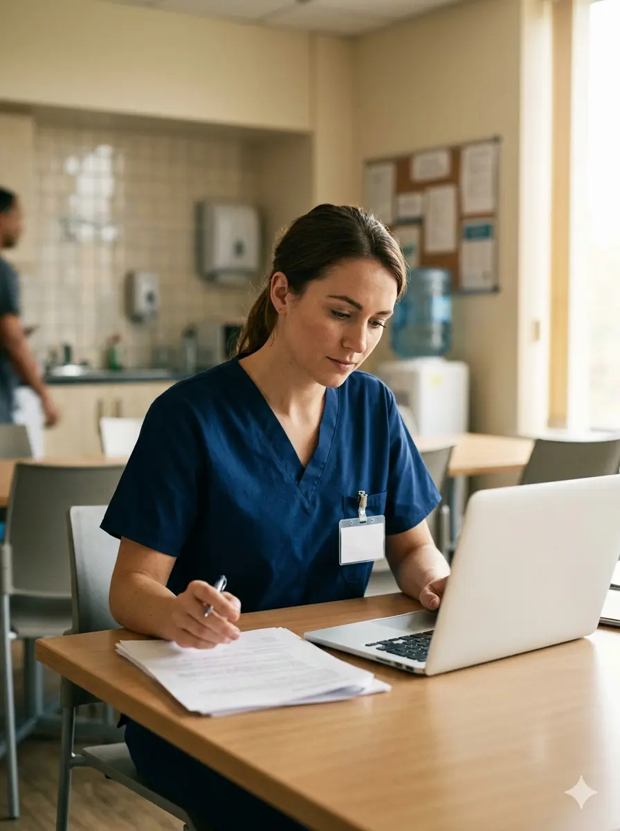 Travel nurse in scrubs sitting at a break room table, carefully reviewing printed contract documents and a laptop while comparing compensation offers