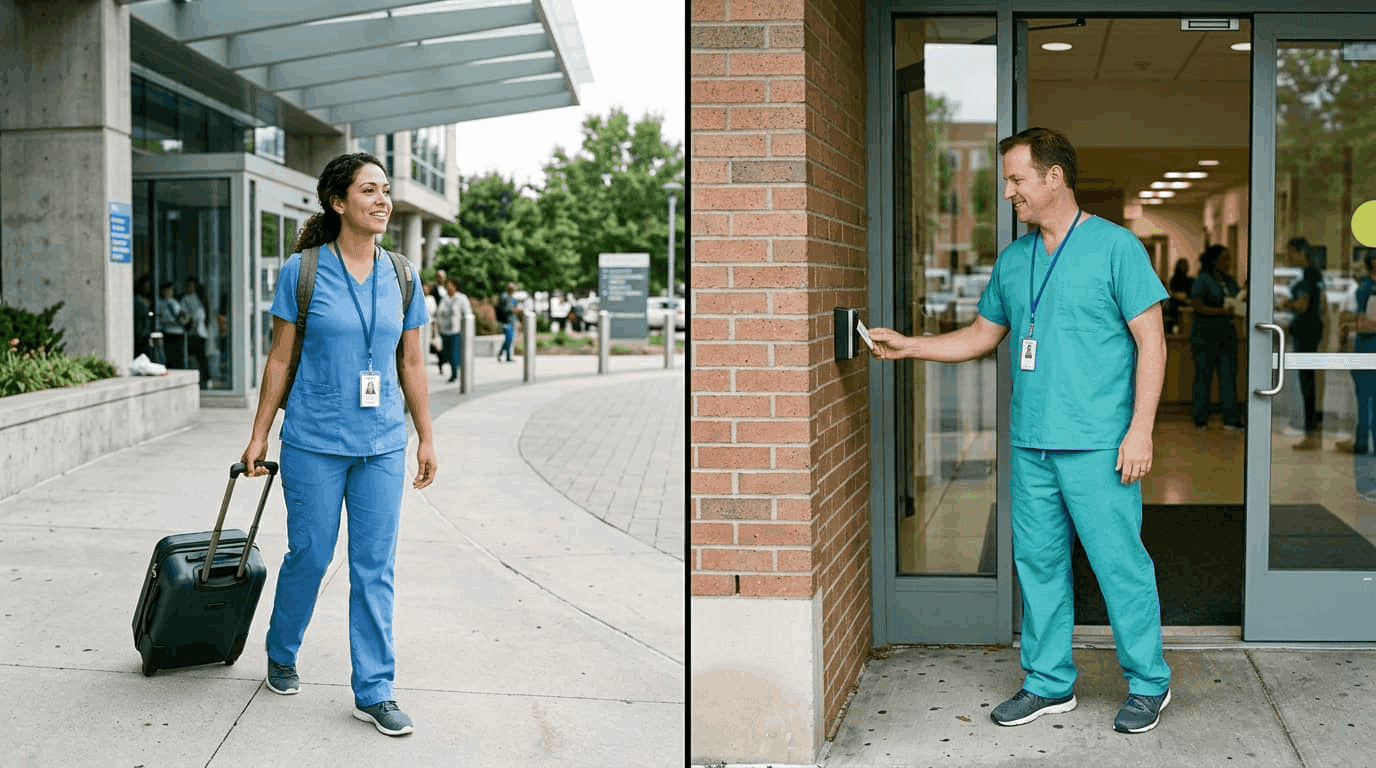 Split image showing a travel nurse with rolling luggage outside a hospital versus a staff nurse badge-in at a home facility