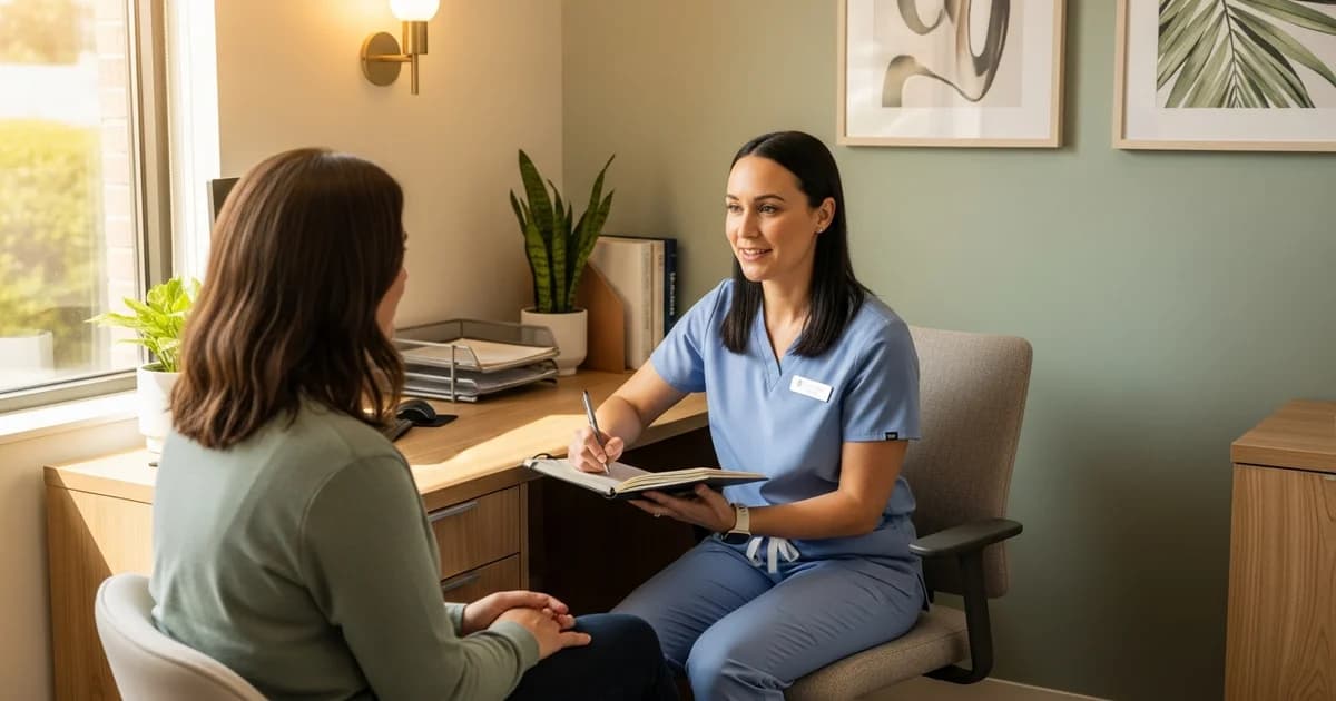 Women's health nurse practitioner consulting with a patient in a modern gynecology clinic