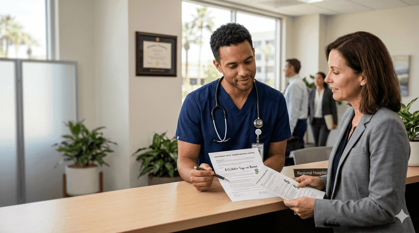 New grad nurse negotiating a sign-on bonus at a hospital offer meeting