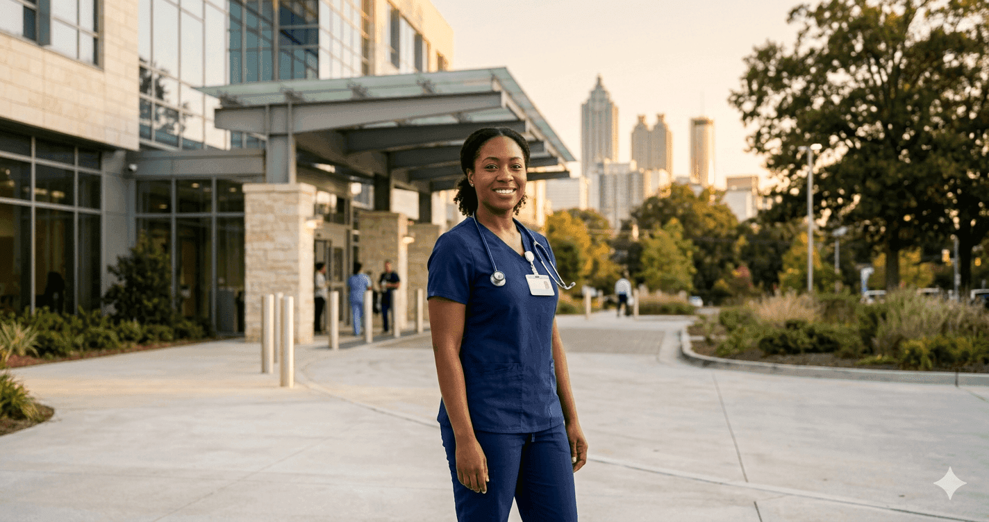 Registered nurse in scrubs standing outside a modern Atlanta Georgia hospital entrance with the city skyline softly visible in the background