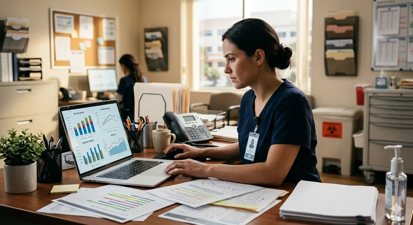 BSN nurse in white coat reviewing a career development plan at a hospital desk — professional setting, natural light, focused and confident expression