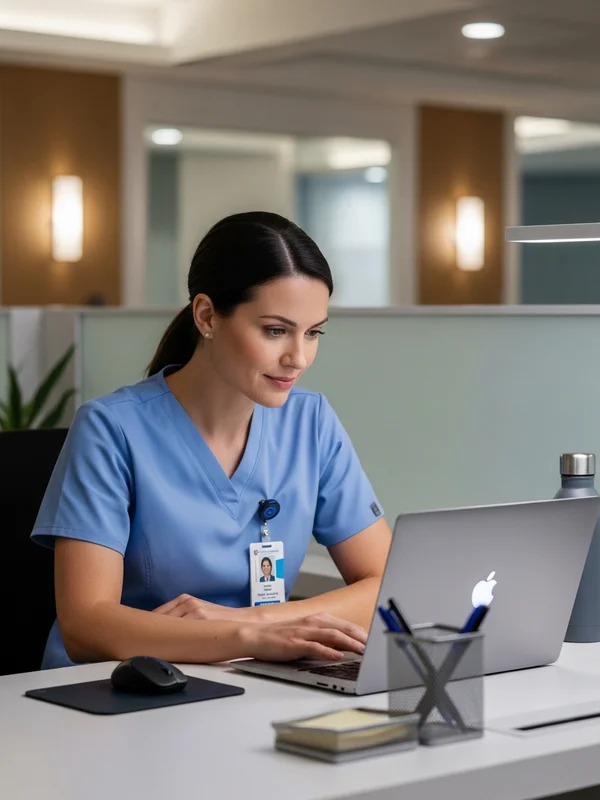 Nurse in scrubs reviewing data on a laptop at a hospital workstation — informatics and technology-focused nursing role in a modern healthcare setting