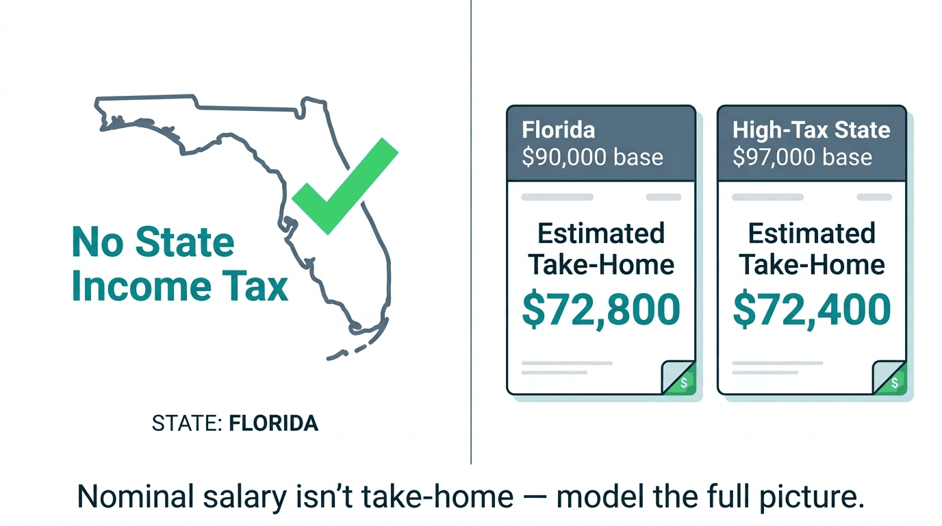 Illustration of Florida no state income tax benefit on RN take-home pay compared to high-tax states
