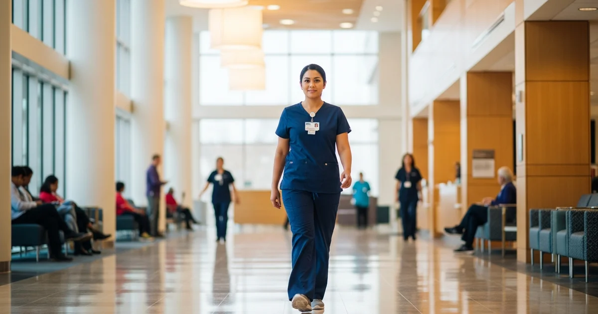 Registered nurse in scrubs at a hospital nurse station reviewing documentation, modern hospital interior, professional and focused, editorial healthcare photography, no text, no logos