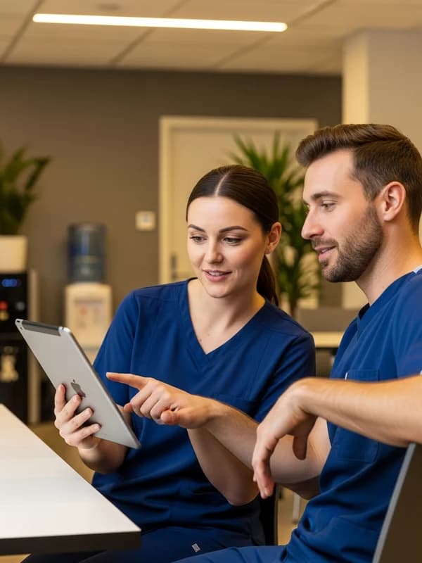 Two nurses collaborating at a modern hospital nursing station, reviewing information together, professional setting, overhead fluorescent and natural light, no text, no logos