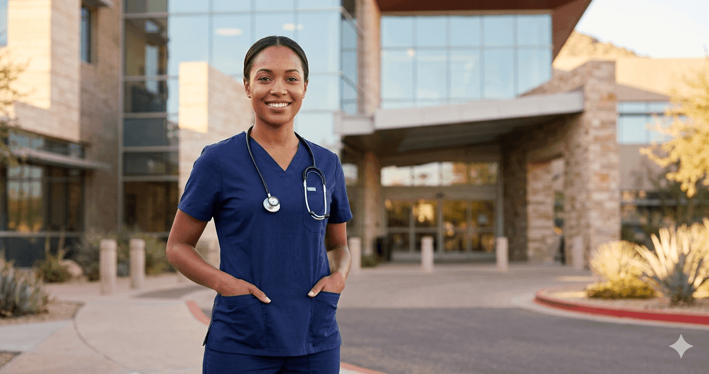 Registered nurse in scrubs outside a modern Scottsdale Arizona hospital entrance, warm desert light, HonorHealth RN salary guide 2026